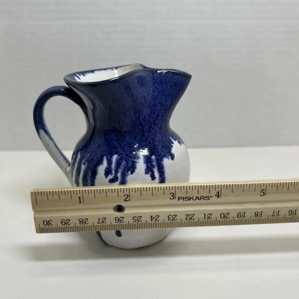 Vtg Holly Hill Pottery Seagrove NC Cream Pitcher Blue Drip Glaze Over White ARB